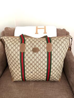Authentic Gucci brown monogram coated canvas travel bag XL tote red green